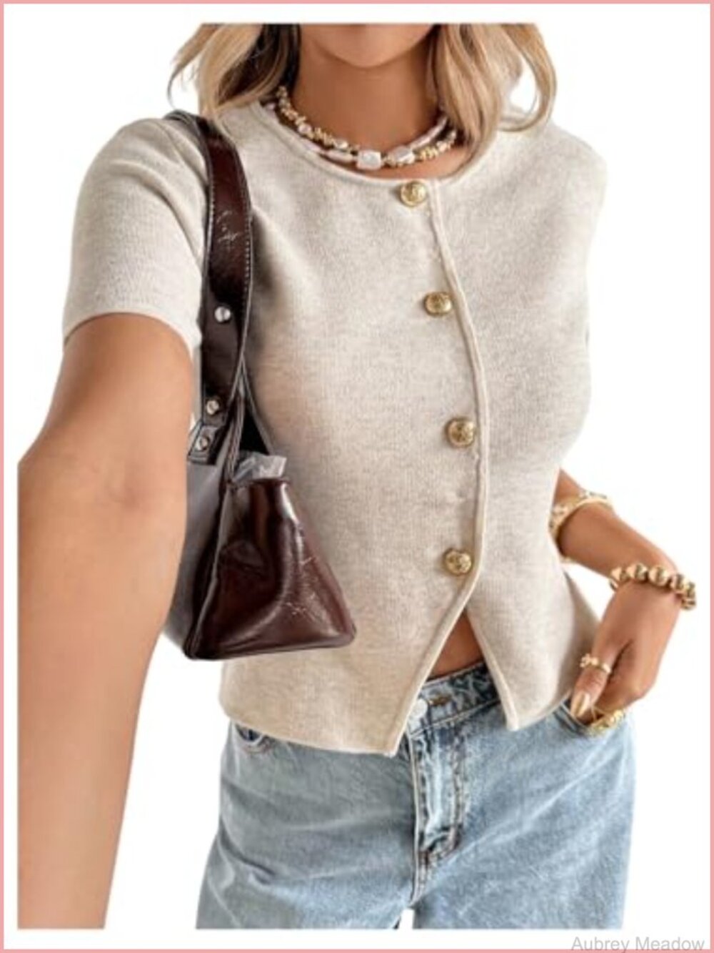 Women's Button Down Mini Cardigan Short Sleeve Rib Knit Crew Neck